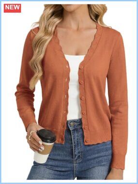 Wool Blend V-Neck Button Down Scalloped Cardigan Sweater